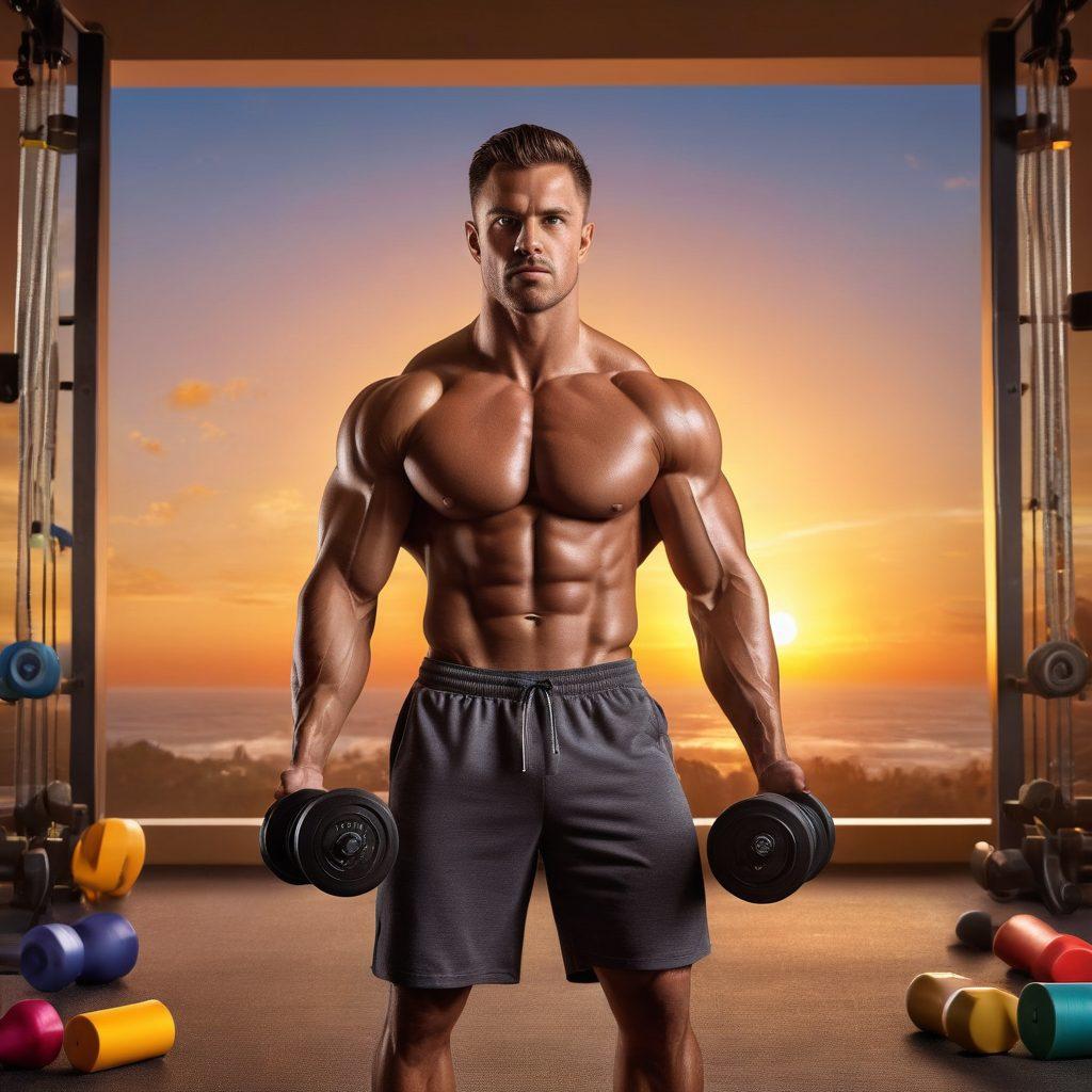 A strong, muscular man in mid-workout, surrounded by various fitness equipment like dumbbells and resistance bands. The background features a sunrise symbolizing new beginnings, with the text 'Unlock Your Full Potential' artistically integrated into the scene. The overall mood is empowering and energetic, showcasing a blend of masculinity and fitness. vibrant colors. super-realistic.