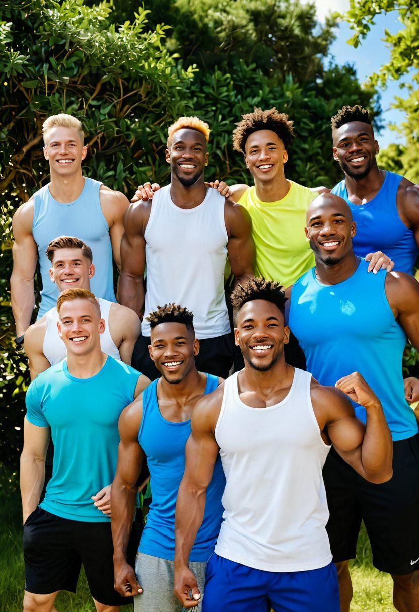 A confident, diverse group of LGBTQ men celebrating fitness outdoors, showcasing their muscular forms and joyful expressions. The scene includes vibrant greenery and a bright blue sky, symbolizing freedom and body positivity. Elements of intimacy like supportive gestures and shared laughter portray strong community bonds. The men are engaged in various fitness activities, embodying strength and confidence. super-realistic. vibrant colors. natural scenery.